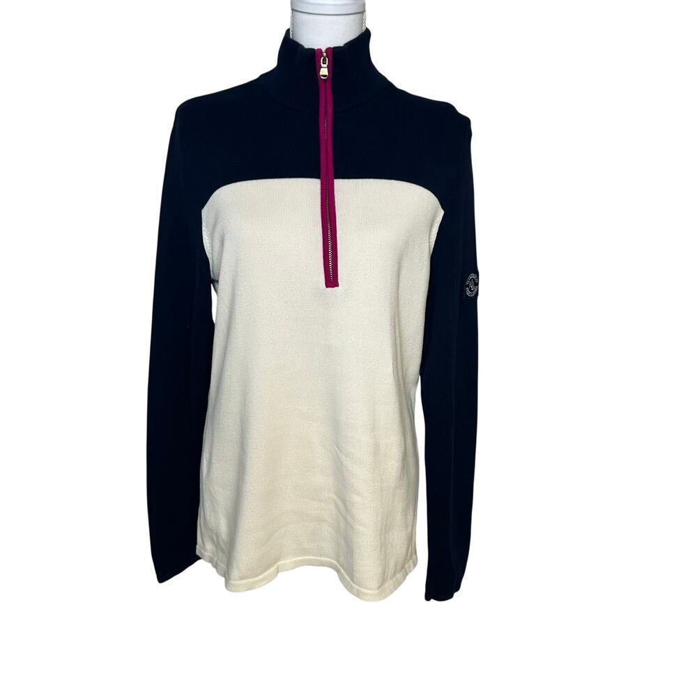 Lauren Ralph Lauren color block navy cream fuchsia 1/2 zip cotton sweater XL